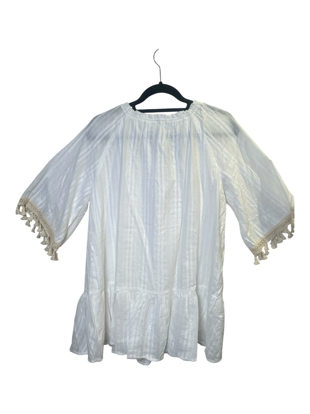 Boho Tassel Tie Peasant Top in Ivory with Beige Trim NWT - Picture 6 of 12